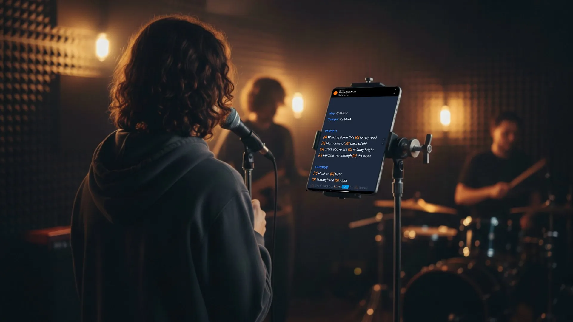 Musicians using teleprompter app for rehearsal and recording