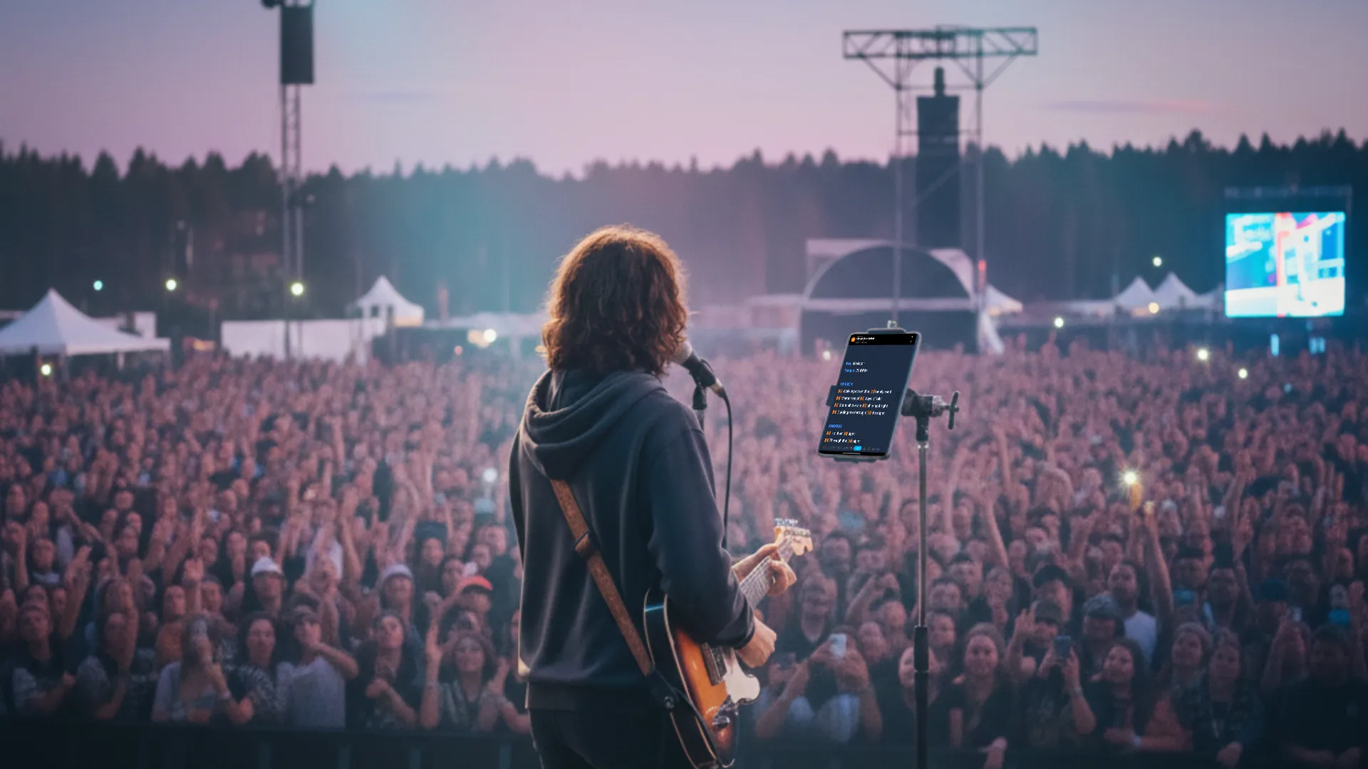 Singer performing live with a teleprompter app on a festival stage
