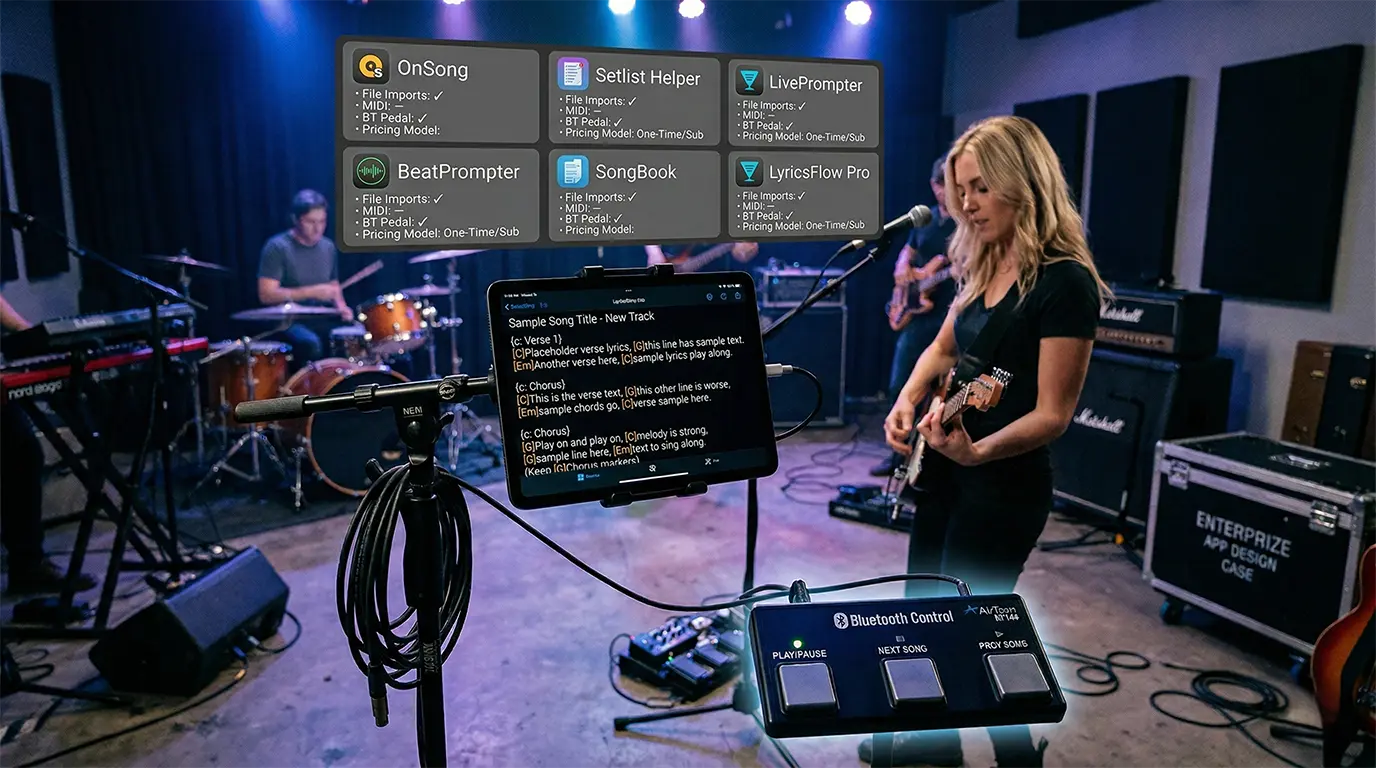 A professional studio scene showing musicians using the 6 compared lyrics teleprompter apps on tablets