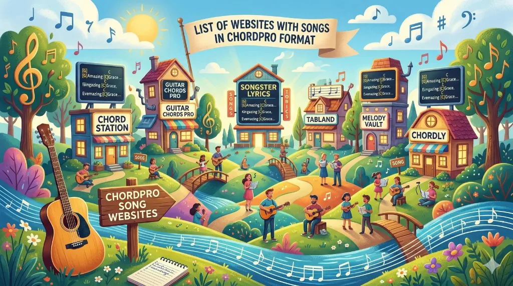 A screenshot showing different online databases and websites that offer songs in the ChordPro format for musicians.